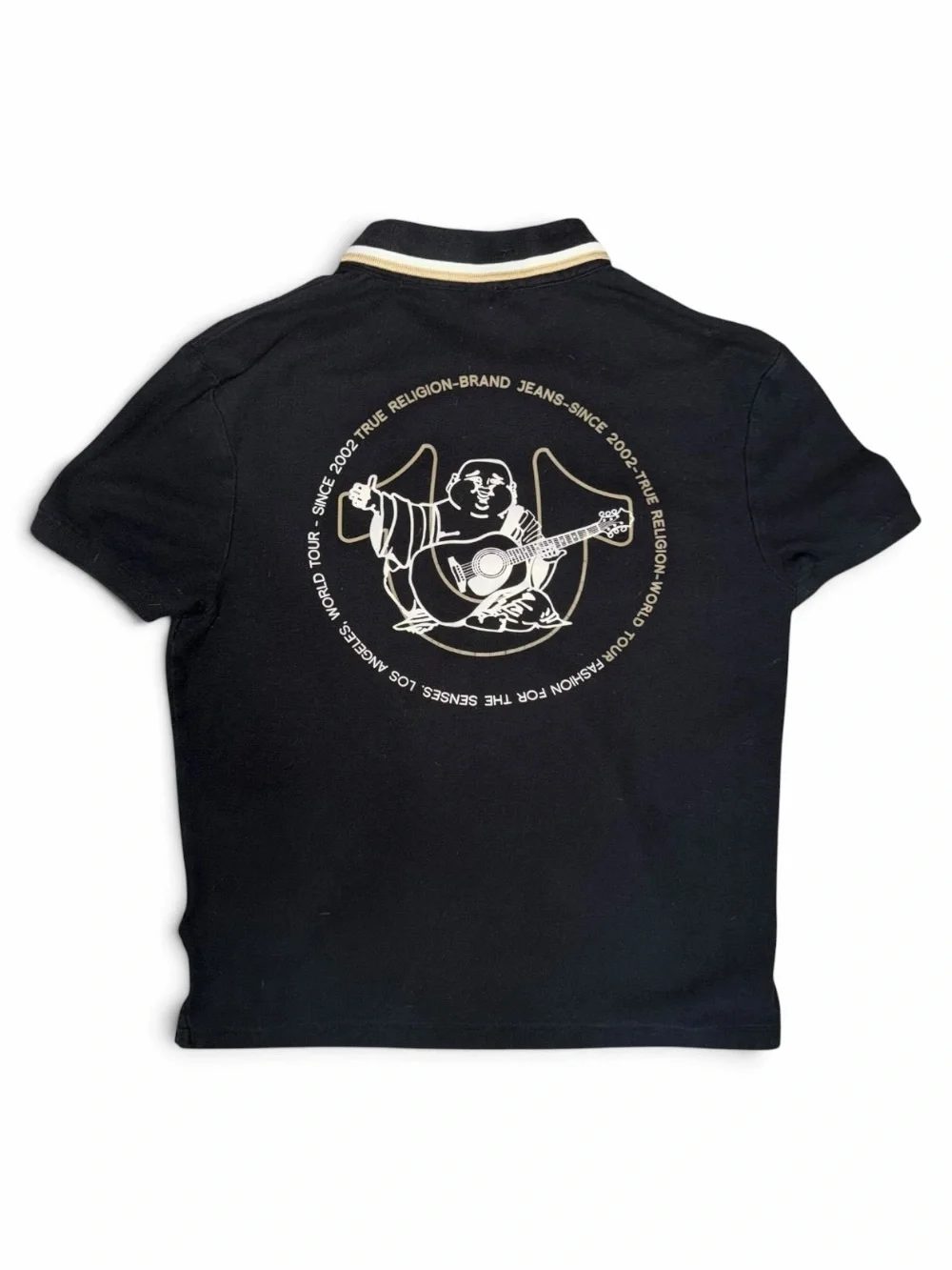 True Religion Black Polo with Cream Graphic Buddha Guitar